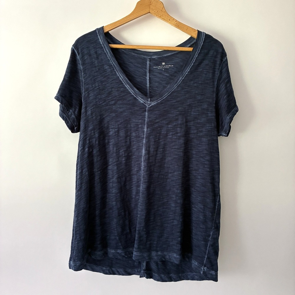 Elliott Lauren Enzyme Wash V Neck Tee Shirt Women's Large Heather Navy A-Line
